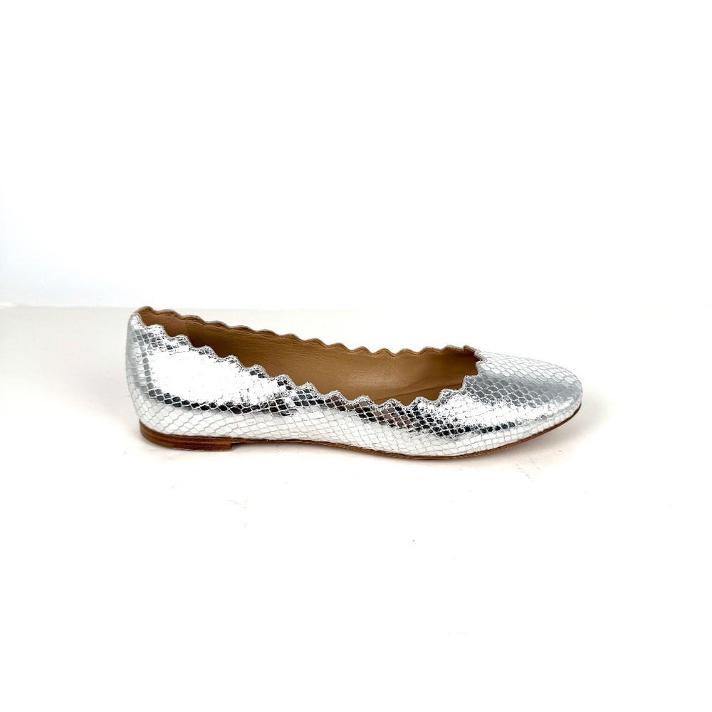 CHLOE Lauren Scalloped Ballet Silver Leather Flat Shoes 38, 7.5